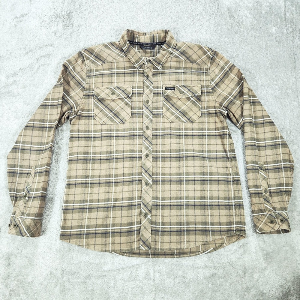KUIU Shirt Mens Large Beige Plaid Flannel Button Up Stretch Hunting Field Fall